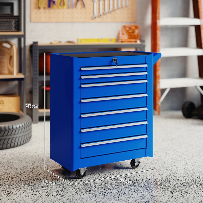 DURHAND Carrinho de Ferramentas com 7 Gavetas Carrinho de Oficina com Fechadura Pega 2 Rodas com Travão 69x33x75 cm Azul