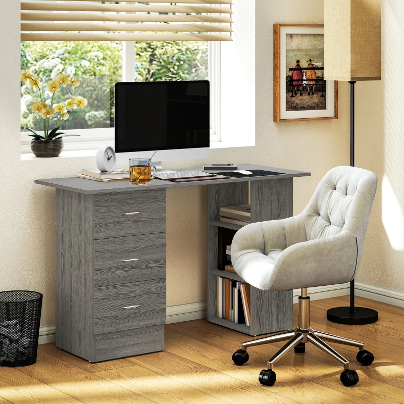 HOMCOM Bureau d'ordinateur réversible, table informatique avec 3 tiroirs et 3 étagères ouvertes, 120 x 49 x 72 cm, gris