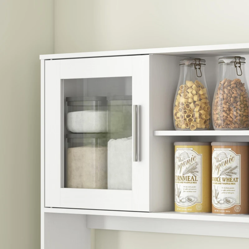 HOMCOM Alacena de Cocina con 2 Puertas de Vidrio Encimera Amplia para Microondas Estantes Ajustables 108x35x180 cm Blanco