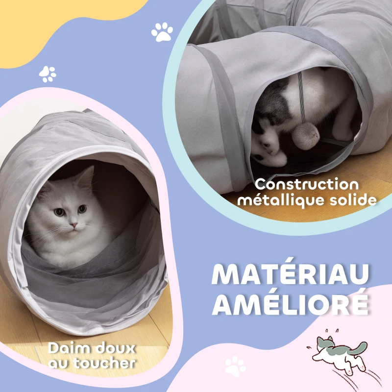 PawHut Tunnel pour chat intérieur rond tunnel avec lit et coussin, pliable, avec trous pour balles et judas, Ø 90 x 27 cm gris