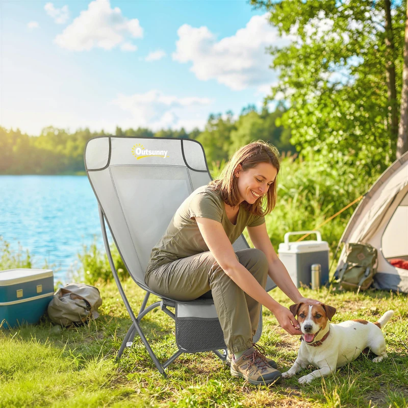 Outsunny Camping Chair for Adults Heavy Duty Folding Camp Chair with Side Pocket and Carry Bag Light Grey