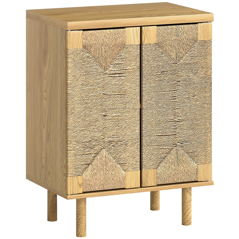 HOMCOM Aparador Boémio de 2 Portas com Corda Tecida à Mão Prateleira Ajustável Abertura por Pressão 60x40x78 cm Carvalho