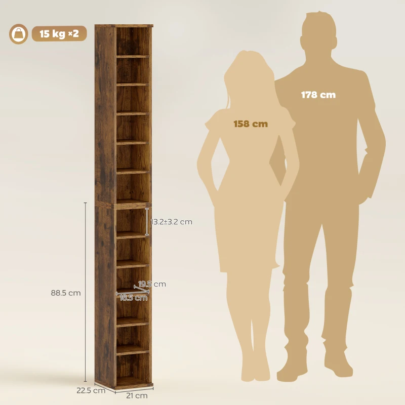HOMCOM Set of 2 CD Media Display Shelf Unit Tower Rack with Adjustable Shelves, Rustic Brown