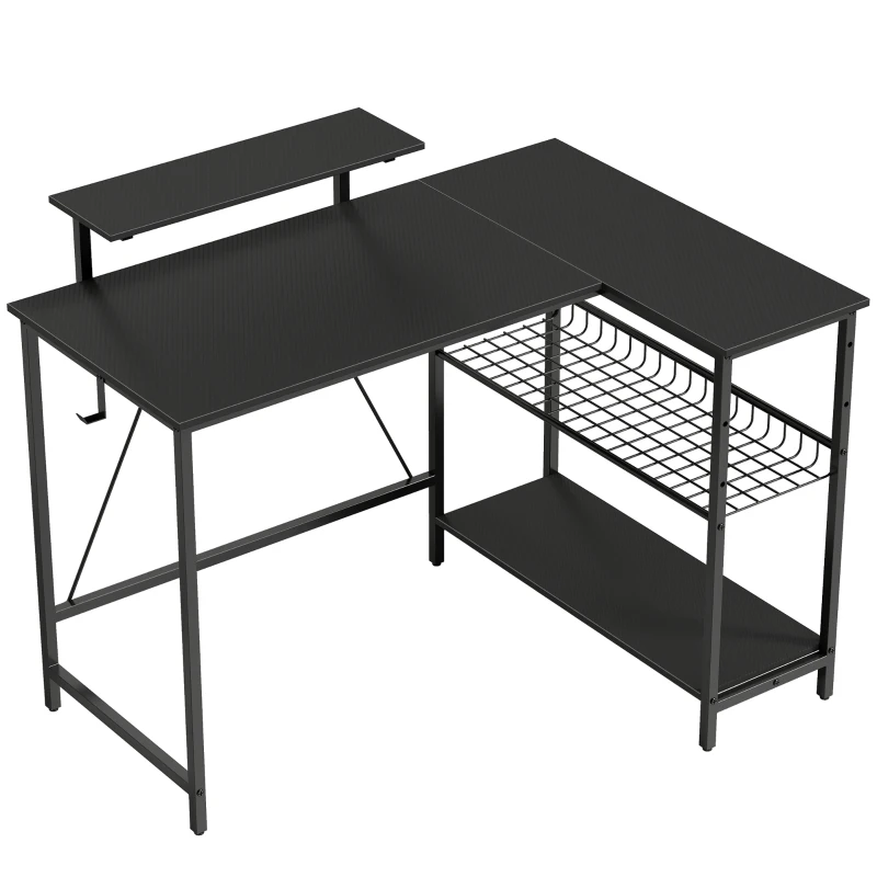 HOMCOM Bureau gaming réversible, bureau gaming d'angle, support pour écran, étagère en maille réglable, 114,5x82x91,5cm, noir