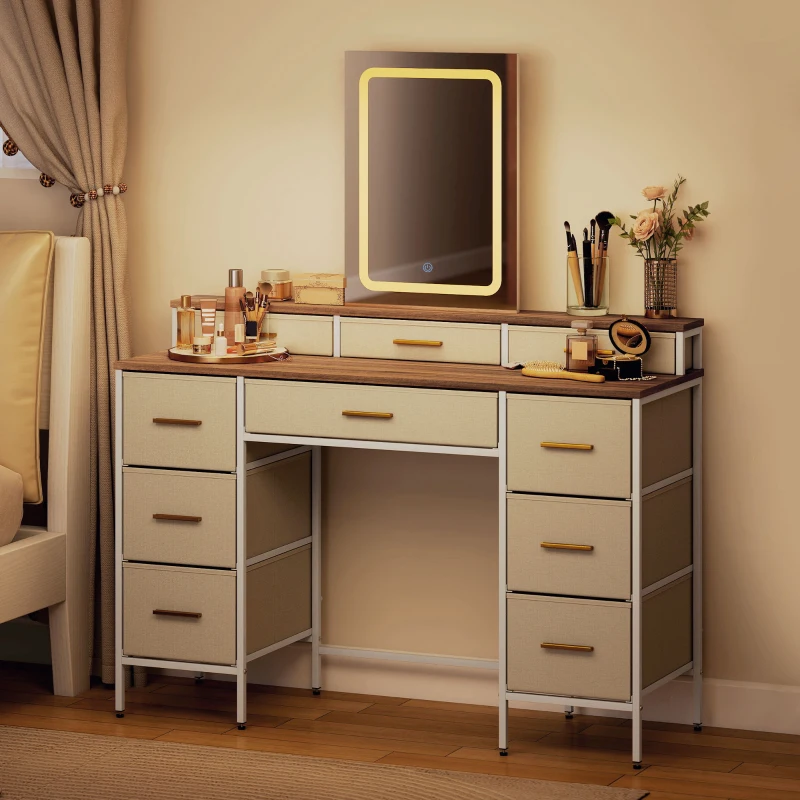 HOMCOM Coiffeuse avec miroir et lumières LED 3 couleurs, table de maquillage 10 tiroirs en tissu, 118,5 x 39,5 x 140 cm naturel