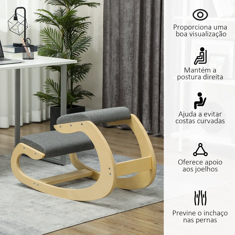HOMCOM Cadeira Ergonómica de Joelhos com Almofadas Acolchoadas Estrutura de Madeira para Melhor Postura Escritório 55x85x55 cm Cinzento