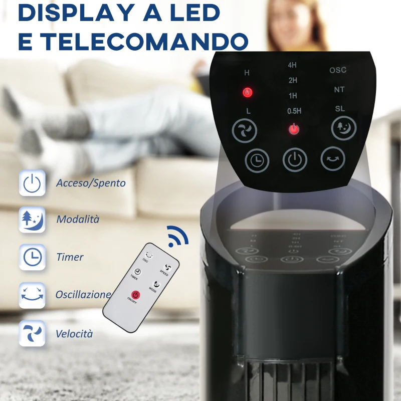 HOMCOM Ventilatore a Torre con Telecomando a 5m, Oscillante 70°, 3 Funzioni e 3 Velocità, Nero