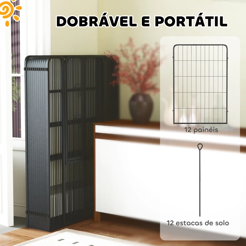 PawHut Parque para Cães de 12 Painéis 68x100 cm Parque Dobrável para Cães Médios com Portas Fecho e Estacas Preto