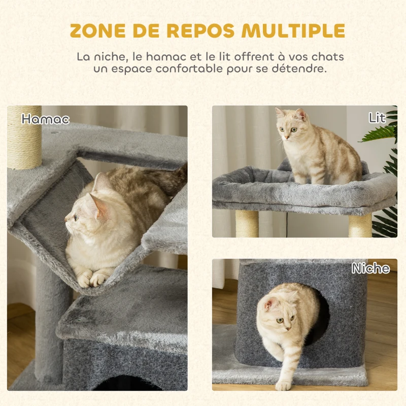 PawHut Arbre à chat avec griffoir, en tissu peluche, tour de jeux pour chat, lit, niche, hamac, plateforme 48 x 48 x 90 cm gris