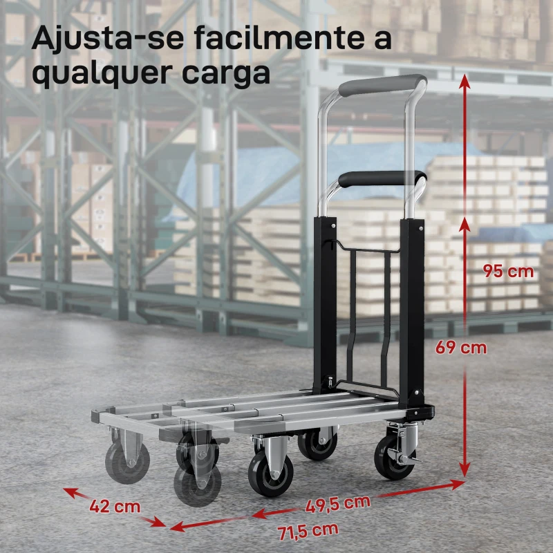 HOMCOM Carro de Transporte Dobrável de Alumínio com Rodas Plataforma Extensível e Pega Ajustável  71,5x42x95 cm Prata e Preto