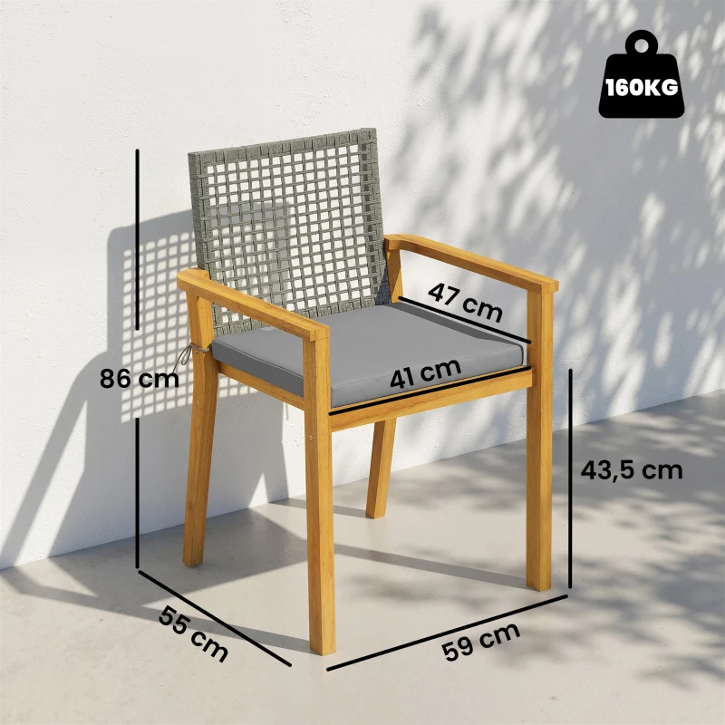 Outsunny Gartenstühle 2er Set FSC Akazienholz Stapelbar Holzstühle mit Rattan-Rückenlehne abnehmbaren Kissen Armlehne