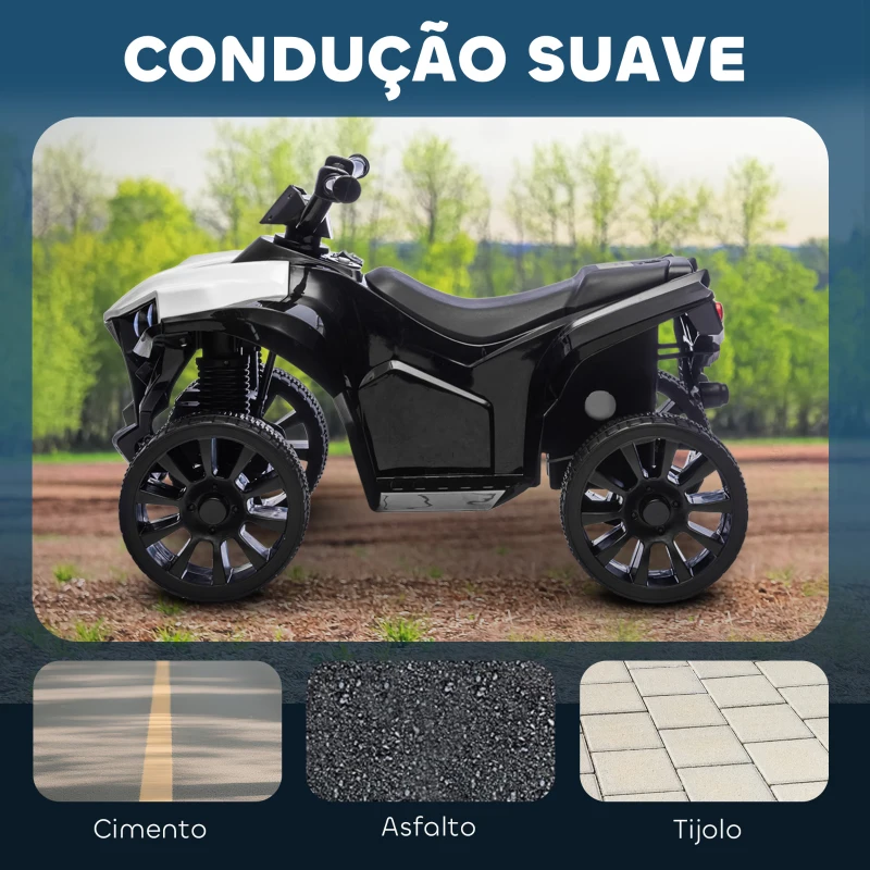 AIYAPLAY Quad Elétrico Infantil 6V Quad para Crianças dos 37 aos 72 Meses Velocidade até 3 km/h Faróis e Música 70x42x45 cm Branco