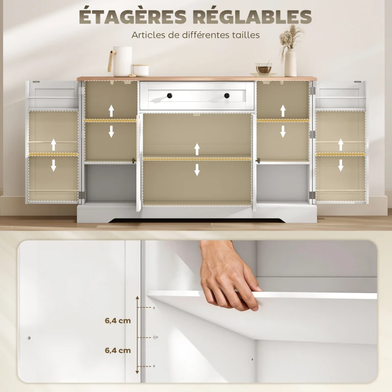 HOMCOM Buffet cuisine, meuble de rangement avec tiroir, 4 portes, étagères réglables et 6 racks de porte, 138x40x83,5cm, blanc