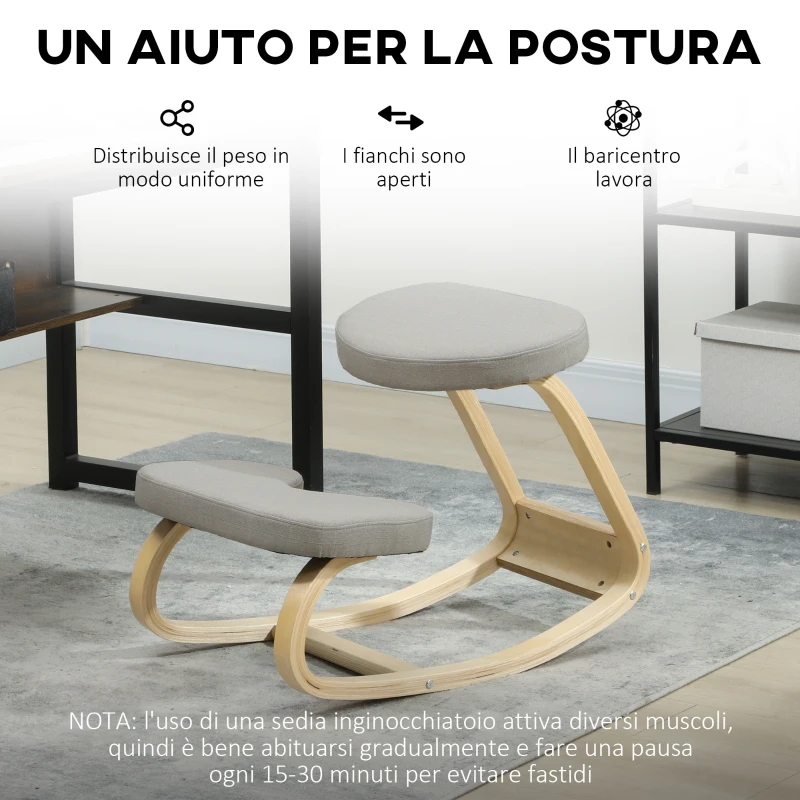 HOMCOM Sedia Inginocchiatoio con Movimento a Dondolo, in Tessuto e Legno di Betulla, 50x73x55 cm, Grigio