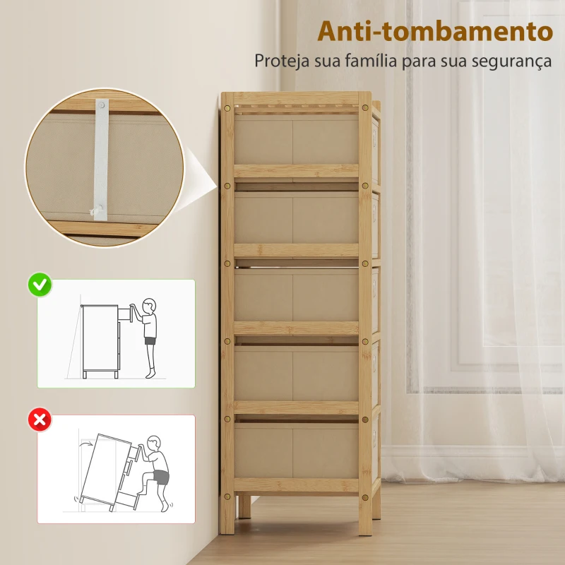 HOMCOM Cómoda com 5 Gavetas em Tecido, Estrutura de Bambu, Ideal para Espaços Pequenos, Creme e Madeira