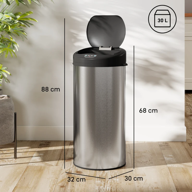HOMCOM Poubelle de cuisine automatique 30 L en acier inoxydable, couvercle à fermeture en douceur, 32 x 30 x 68 cm, argent