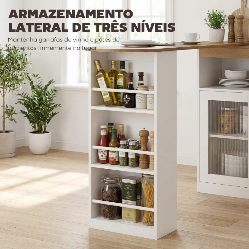 HOMCOM Mesa de Bar Extensível e Rotativa 360° com Prateleiras Abertas e 2 Portas de Vidro 150x80x105,5 cm Branco e Madeira