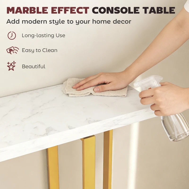 HOMCOM Console Table with Faux Marble Top, 100 cm Narrow Entryway Table with Anti-tipping Device, Steel Frame, White