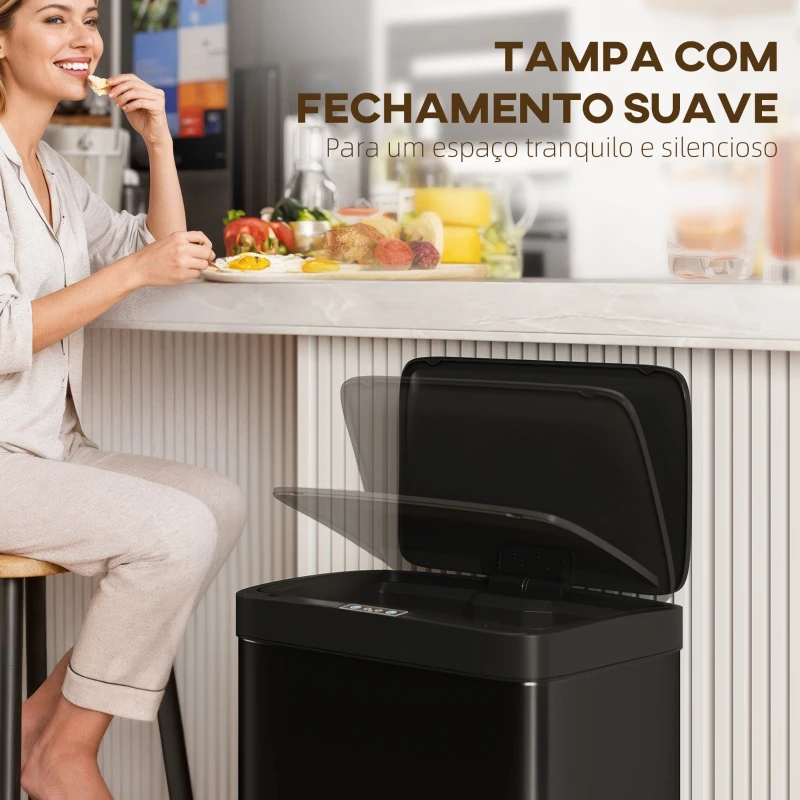 HOMCOM Balde do Lixo de Cozinha Automático 45 L com Sensor Infravermelho Fecho Suave 38x25,5x67,5 cm Preto