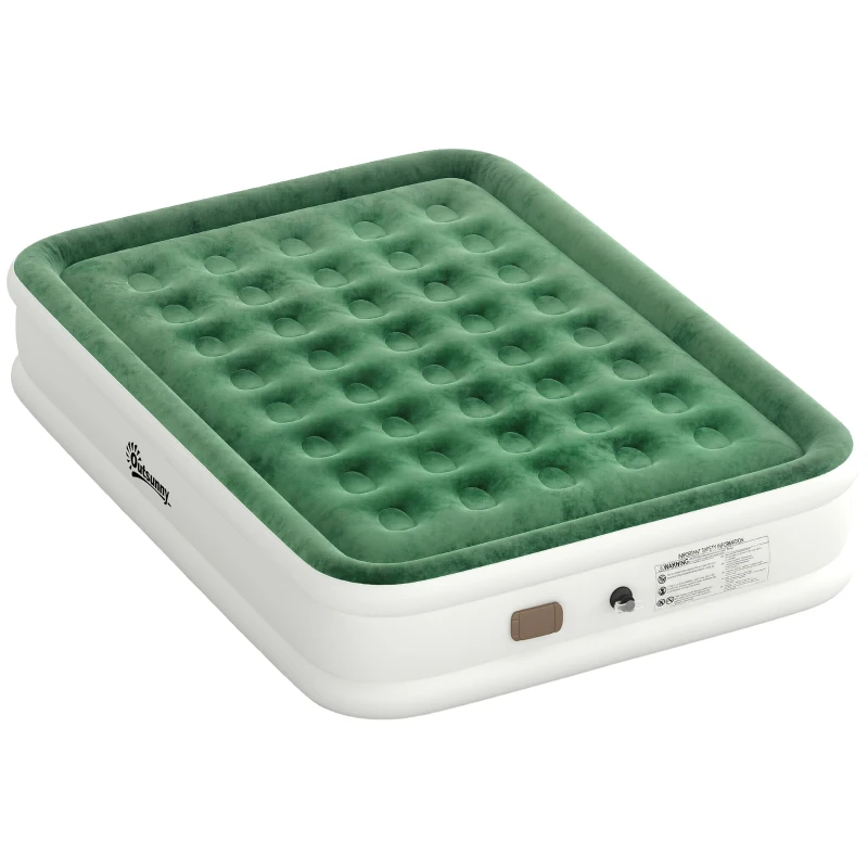 Outsunny Inflatable Mattress, Double Air Bed with Built-in Electric Pump, 3 Mins Inflation, Flocked Surface, Dark Green