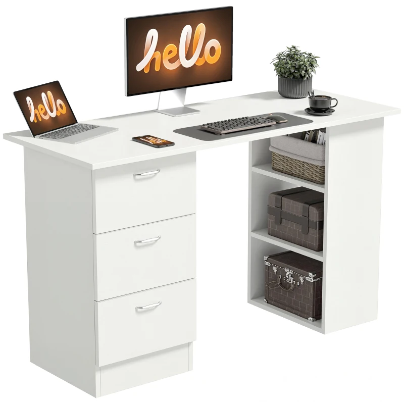 HOMCOM Computer Desk with Drawers, Home Office Desk, Writing Table, PC Workstation with 3 Storage Shelves for Working, Study, 120 x 49 x 72 cm, White