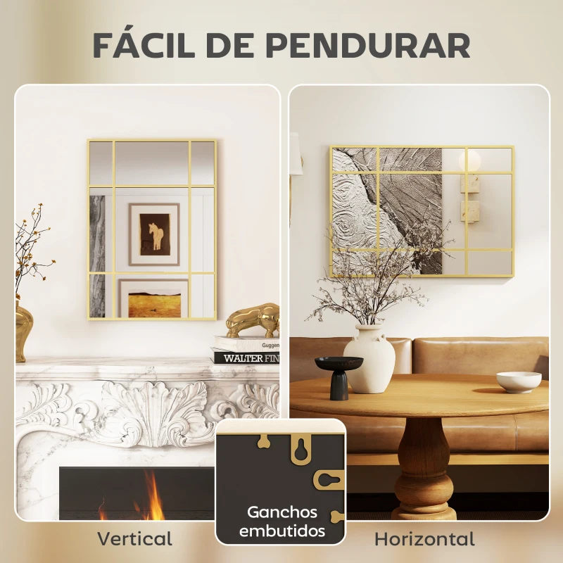 HOMCOM Espelho Retangular de Parede Espelho de Janela 70x50cm com Moldura Metálica Espelho Decorativo para Sala Quarto Dourado