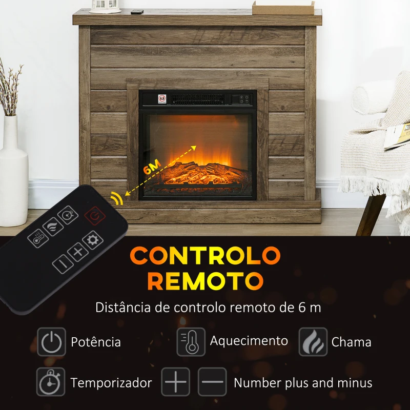 HOMCOM Lareira Elétrica 1800W Lareira Decorativa com Efeito de Chama Realista Temporizador para Ambientes de 30 m² 96,5x22x81,7 cm Efeito Madeira