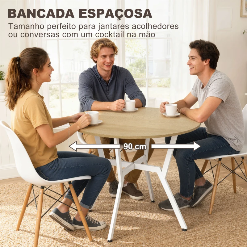 HOMCOM Mesa de Refeição Redonda Mesa de Jantar Estilo Industrial com Bancada de Madeira e Estrutura de Aço Ø90x76 cm Madeira e Branco