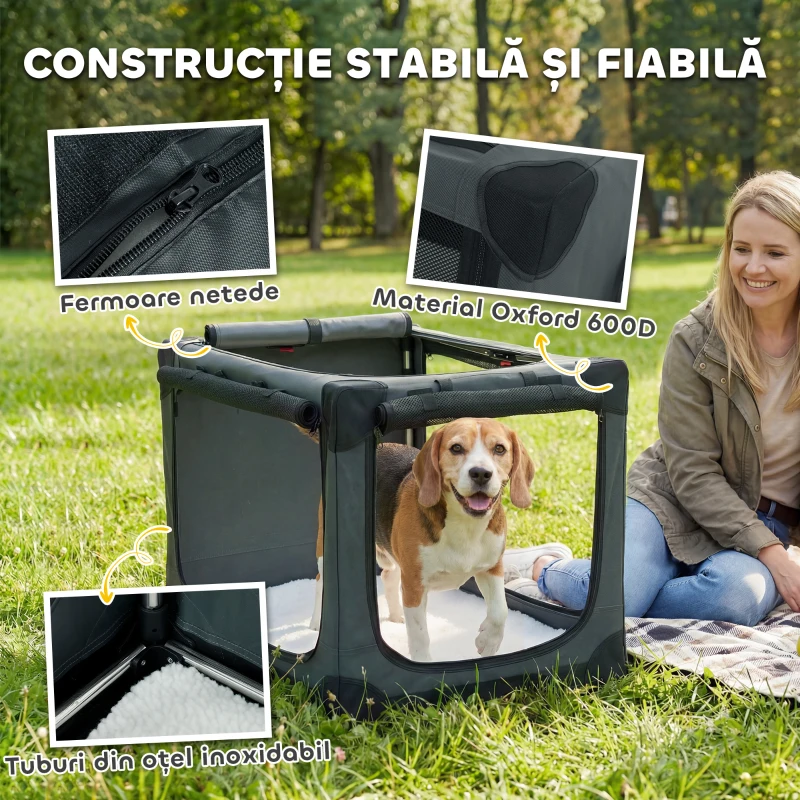 PawHut Cușcă de Transport Pliabilă pentru Câini și Pisici cu Pernă, Husă Lavabilă, Uși, din Oxford Respirabil 600D, 76x54x54 cm, Verde