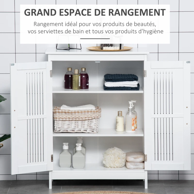 kleankin Meuble salle de bain, armoire salle de bain sur pied à 3 niveaux, double porte et étagère réglable, 60x30x80cm, blanc