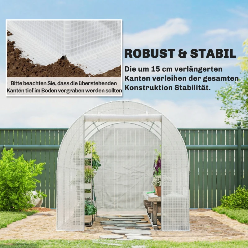 Outsunny Gewächshausfolie 4 x 2 m, wasserdicht Gartenfolie mit Tür, 8 Fenster, UV Schutz, Reißfest Polyethylen Weiß