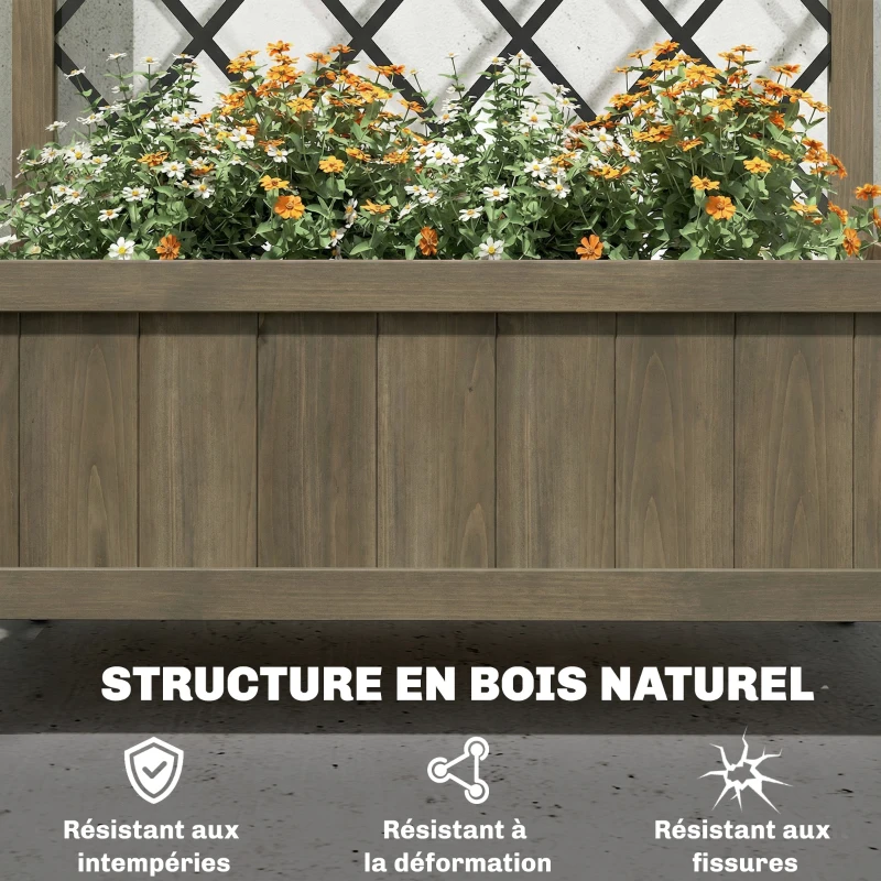 Outsunny Jardinière avec treillis en acier, bac à fleurs sur roues verrouillables en bois, 72 x 36 x 168 cm, Finition Carbonisée