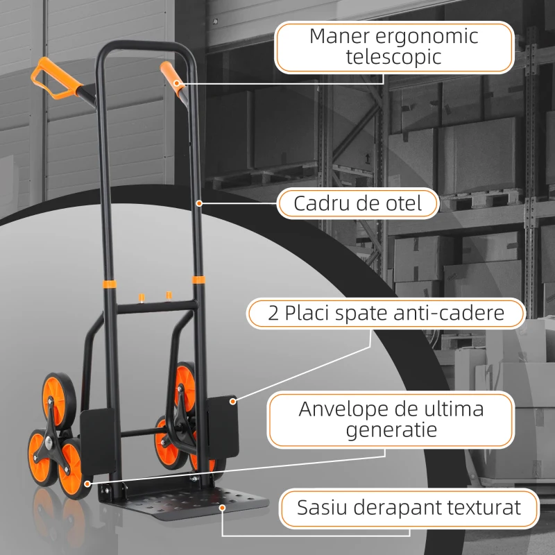 DURHAND Cărucior de Transport pentru Scări cu 6 Roți, Pliabil, Capacitate 120kg, Cadru din Oțel, Mâner PP, pentru Mutări, Grădinărit, Obiecte Grele, Portocaliu
