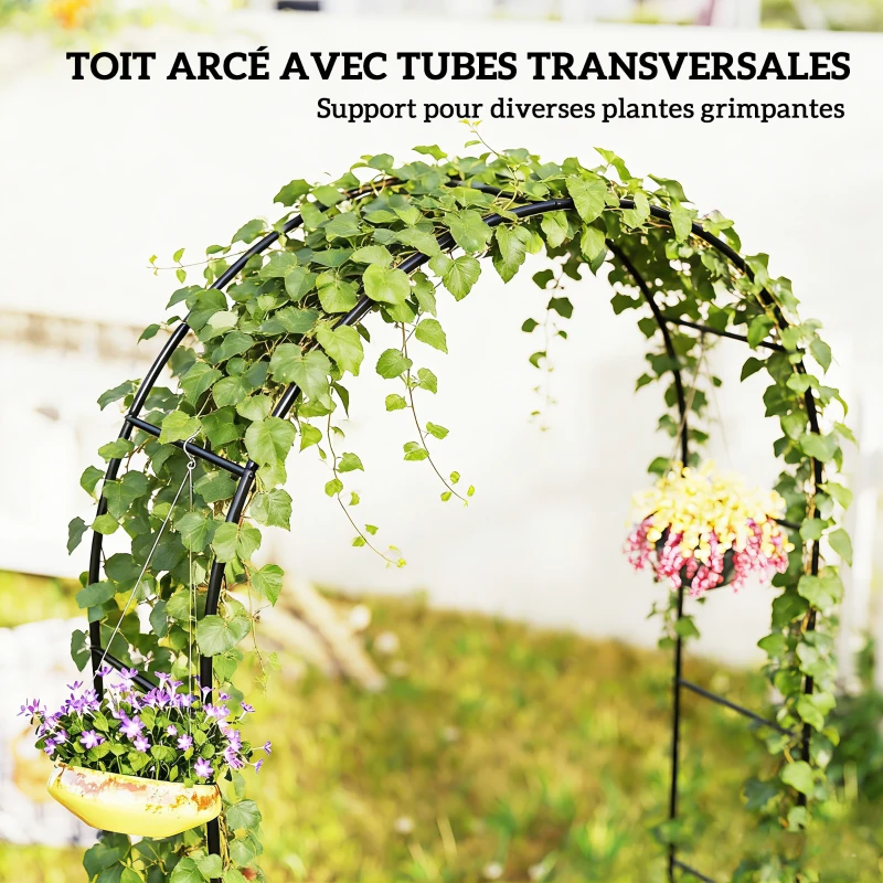 Outsunny Arche de Jardin avec 2 Bases pour Plantes Grimpantes Rosiers Vignes, Arche de Mariage, 145x39x237cm, Noir