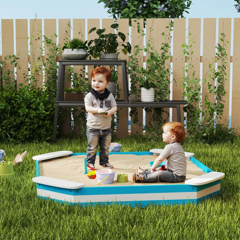 AIYAPLAY Bac à sable en bois, bac à sable pour enfants 3-6 ans avec 4 sièges, 133 x 133 x 16 cm, bleu