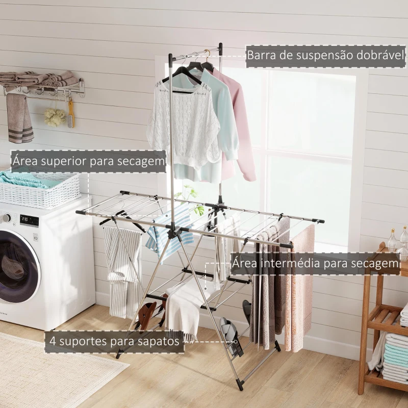 HOMCOM Estendal Vertical Dobrável com Laterais Ajustáveis em 5 Níveis 4 Suportes para Calçado 139x62,5x201 cm Prata