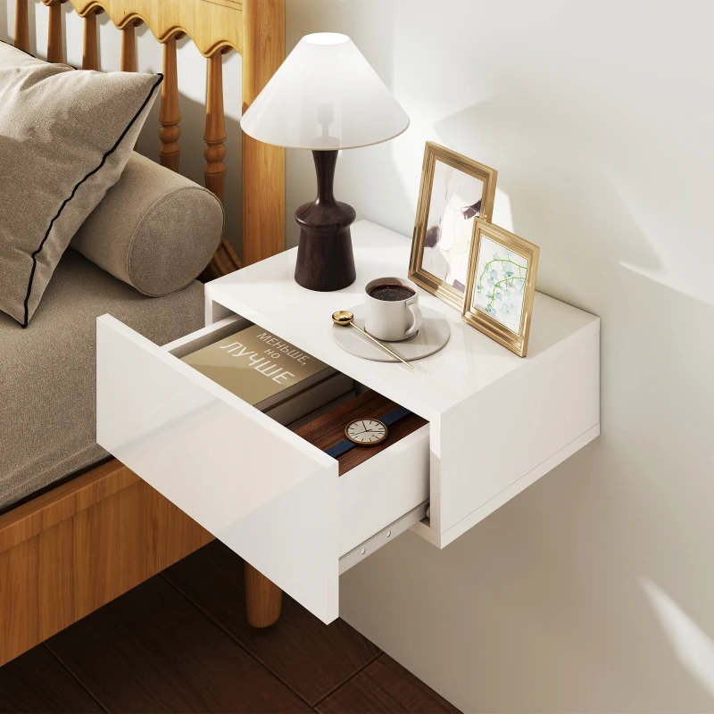 HOMCOM Conjunto de 2 Mesas de Cabeceira com 1 Gaveta Desenho Montado na Parede Estilo Moderno para Dormitório 40x30x15 cm Branco
