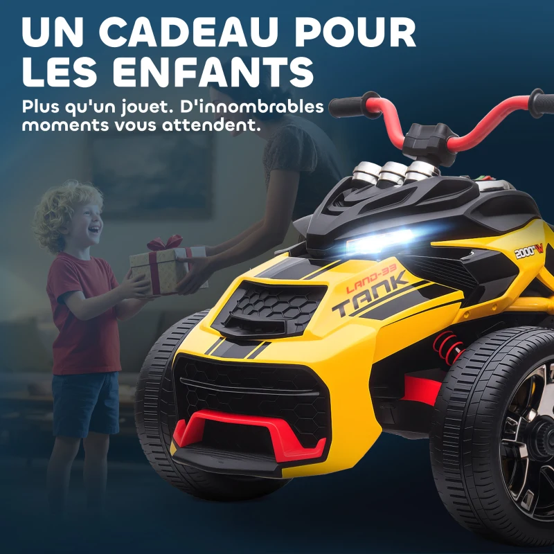 AIYAPLAY Quad électrique enfants voiture électrique enfants 12V 3 roues 2 moteurs lecteur MP3, klaxon, 2 vitesses 3-5 km/h jaune