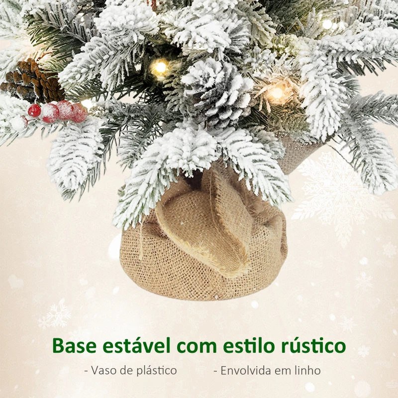 HOMCOM Mini Árvore de Natal Artificial com 35 Luzes LED 182 Ramos com Neve Pinhas Bagas e Base de Saco de Juta Ø48x60 cm Verde