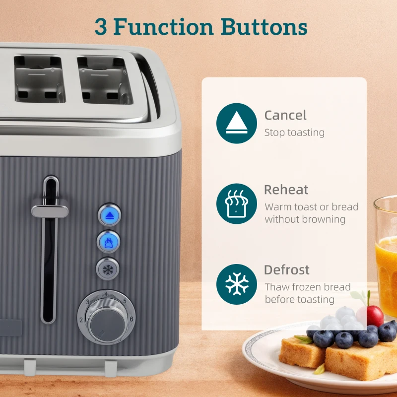 HOMCOM Electric Stainless Steel Kettle and Toaster Set, 3000W 1.7L UK Strix Thermostat Fast Boil Kettle w/ Limescale Filter, Cool Touch Body, 4 Slice Toaster with 7 Browning Levels, Crumb Tray, Grey