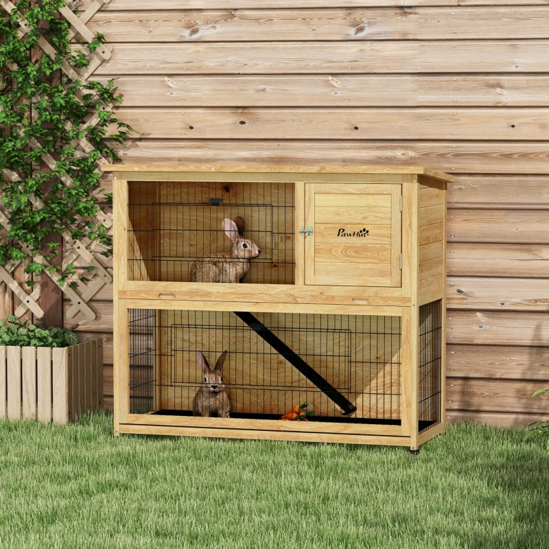PawHut Clapier à lapin en bois 2 étages avec 3 portes plateau coulissant rampe toit bitumé 120 x 50 x 102 cm jaune