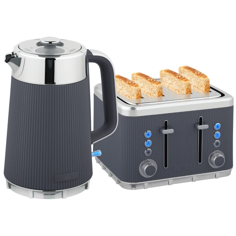 HOMCOM Electric Stainless Steel Kettle and Toaster Set, 3000W 1.7L UK Strix Thermostat Fast Boil Kettle w/ Limescale Filter, Cool Touch Body, 4 Slice Toaster with 7 Browning Levels, Crumb Tray, Grey