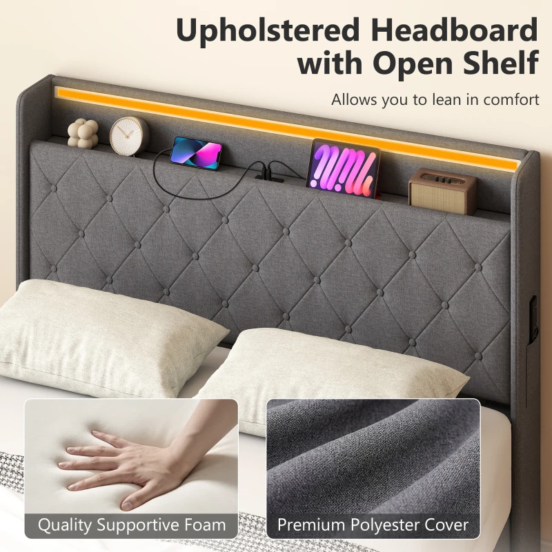 HOMCOM Bedframe 140 x 200 cm met Hoofd- en Voetbord, Platformbed met Hydraulische Opbergruimte, LED-Verlichting