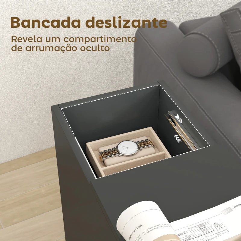 HOMCOM Mesa Auxiliar com Bancada Deslizante e Rodas Mesa Auxiliar com Armazenamento Oculto e Prateleira Ajustável 45x25x70 cm Preto