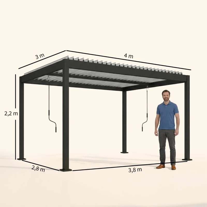 Outsunny Pérgola Bioclimática 4x3m en Aluminio con Techo de Lamas Ajustable, Protección Solar, para Jardín Exterior, Blanco