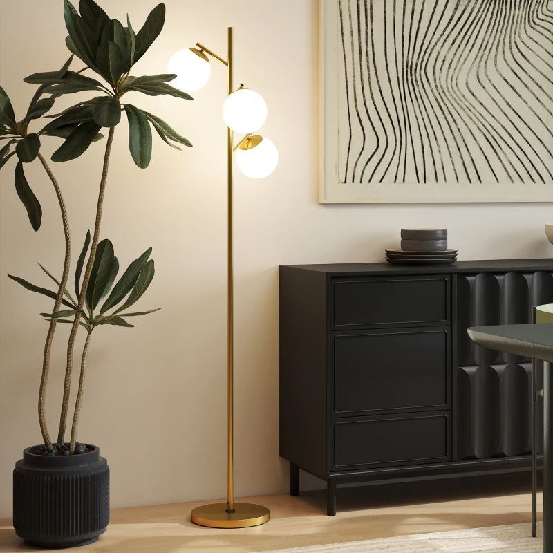 HOMCOM 3-Light Tree Floor Lamps for Living Room, Modern Standing Lamp for Bedroom with Globe Lampshade, 3000K/4000K/6000K Colour Temperatures, Steel Base, Gold Tone
