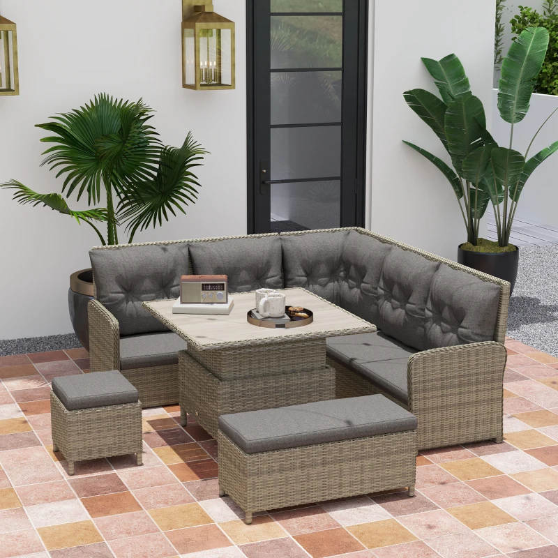 Outsunny 6 Pieces Outdoor PE Rattan Garden Furniture, Patio Wicker Sectional Conversation Corner Sofa with Soft Padded Cushion and Liftable Coffee Table, 123 x 55 x 84 cm, Light Grey