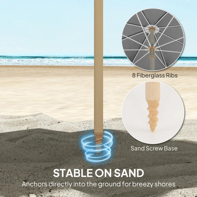 Outsunny 1.7 m Beach Umbrella with Sand Anchor, 30° Tilting Fringed Beach Garden Parasol with Adjustable Height, Grey
