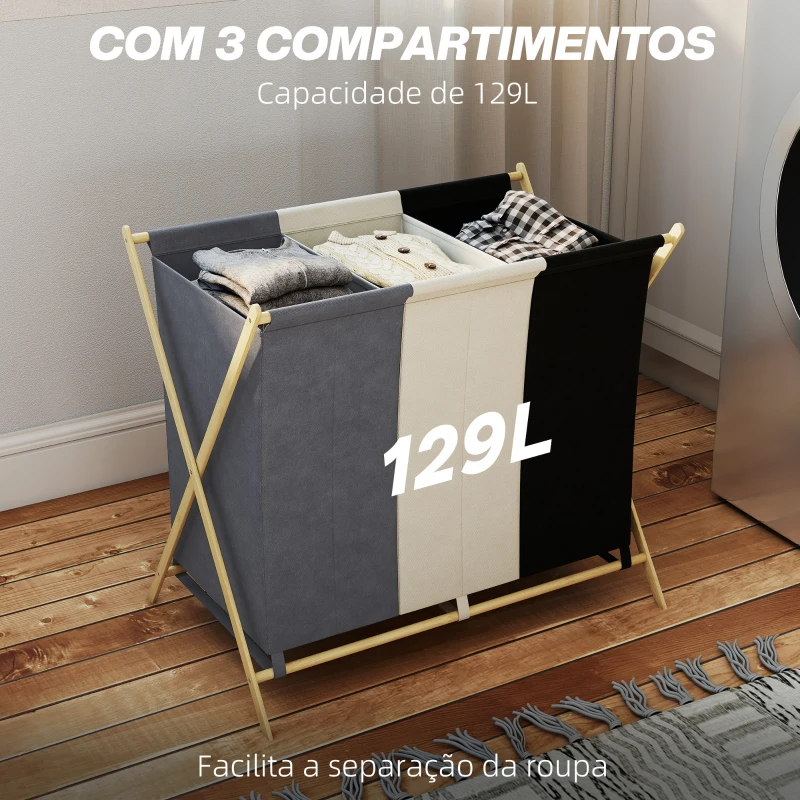 HOMCOM Cesto para Roupa Suja Dobrável com 3 Compartimentos Capacidade 129L com Estrutura de Bambu e Sacos Removíveis Multicolor