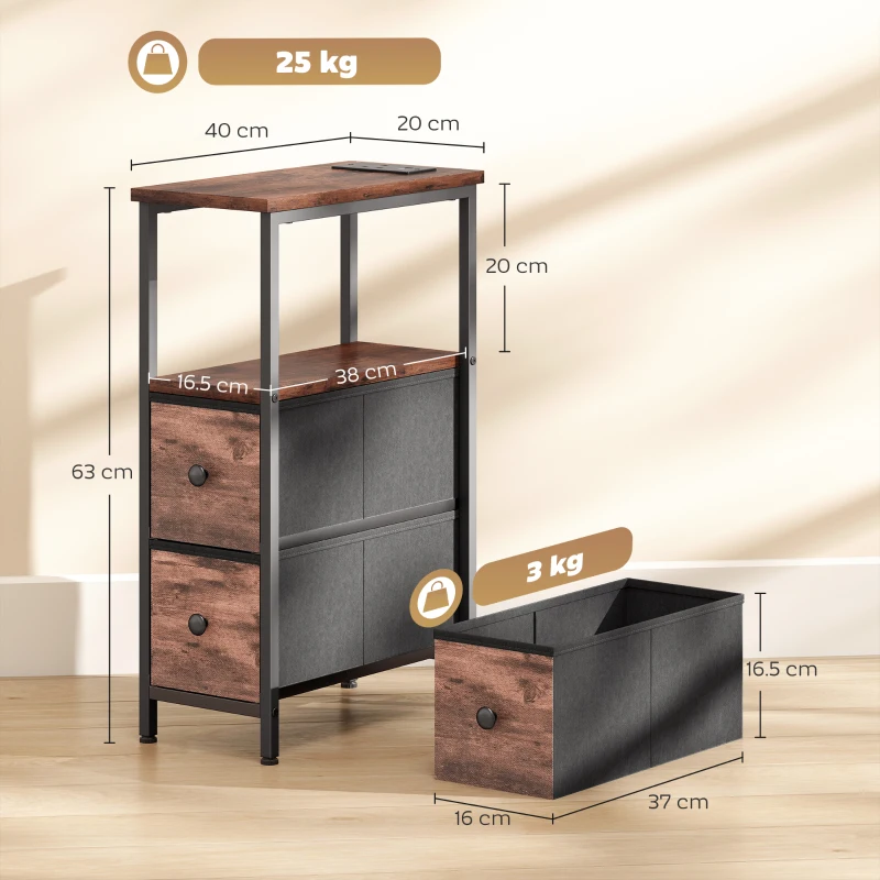 HOMCOM Side Table, Narrow Bedside Table with Charging Station, 2 Drawers, AC Outlet and 2 USB Ports for Living Room, Bedroom